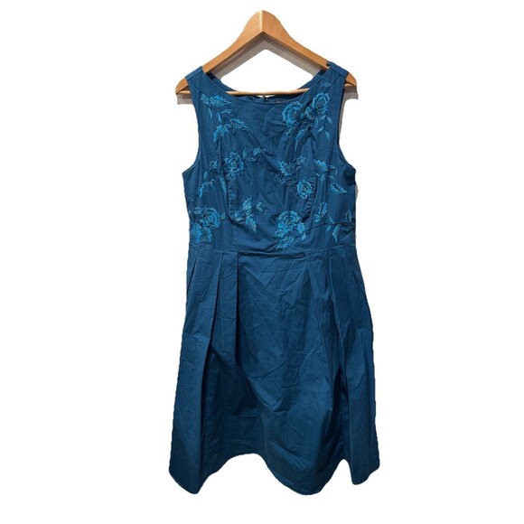 Eshakti Dark Teal Floral Embroidered Poplin Over the Knee Cotton Dress Sz 2X - Picture 1 of 9